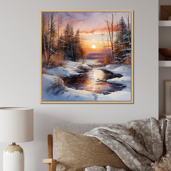 Designart "Wintry Country Morning Scene III" Sunrisesunset Floater Framed Canvas Prints