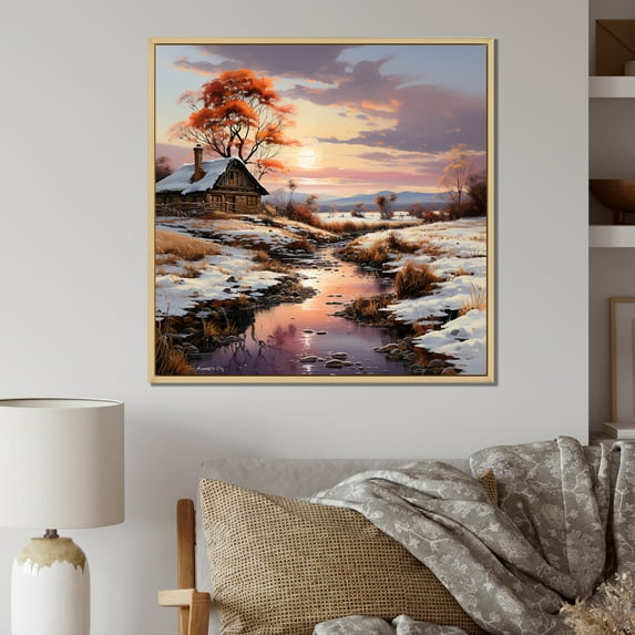 Designart "Wintry Country Morning Scene" Sunrisesunset Floater Framed Wall Art Prints