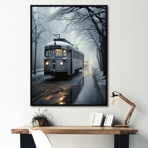 Designart "Wintry Train Scene" Train Floater Framed Wall Art Living Room