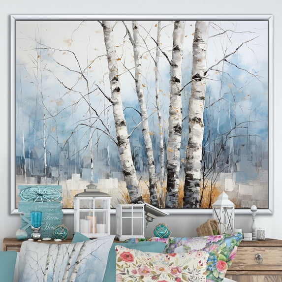 Designart "Wintry White Birch Forest III" Tree Birch Floater Framed Wall Decor