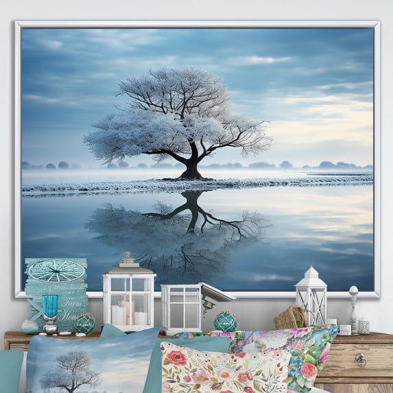 Designart "Wintry White Lakeside Scenery I" Winter Landscape Floater Framed Wall Art Living Room