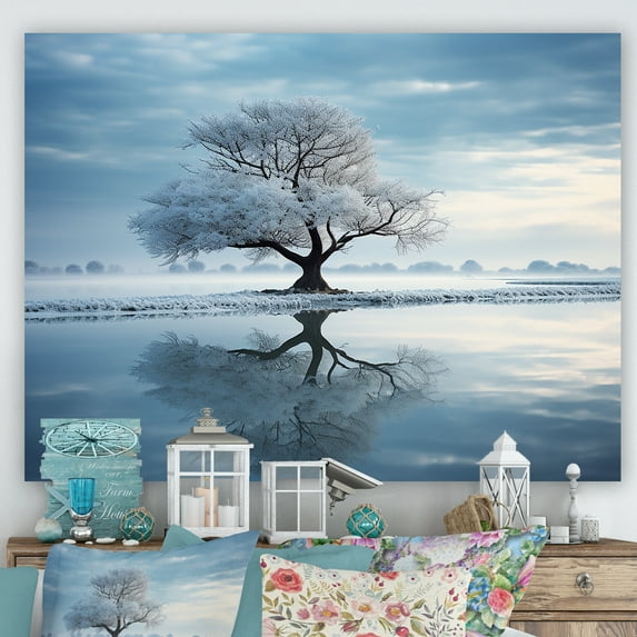 Designart "Wintry White Lakeside Scenery I" Winter Landscape Wall Art Living Room
