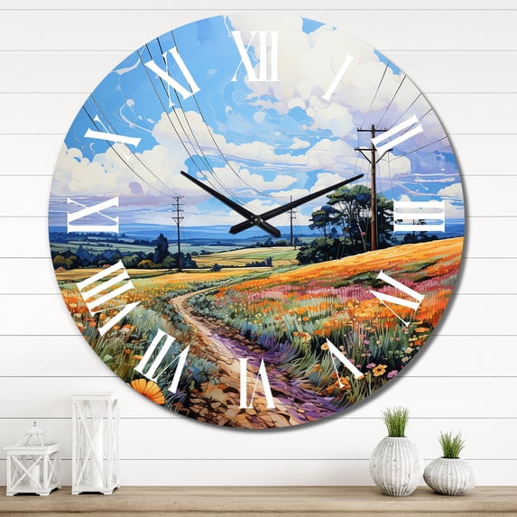 Designart "Wired Wilderness Power Lines painting" Landscapes Oversized Wall Clock