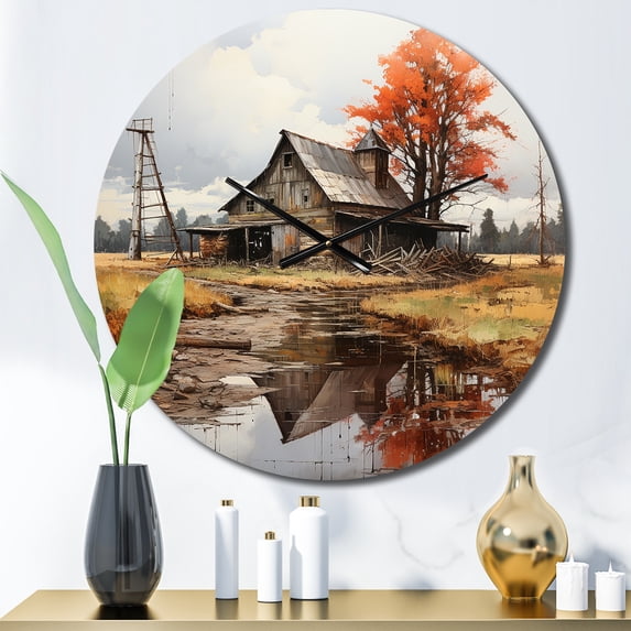 Designart "Wise and Weathered Barns I" Countryside Oversized Wall Clock