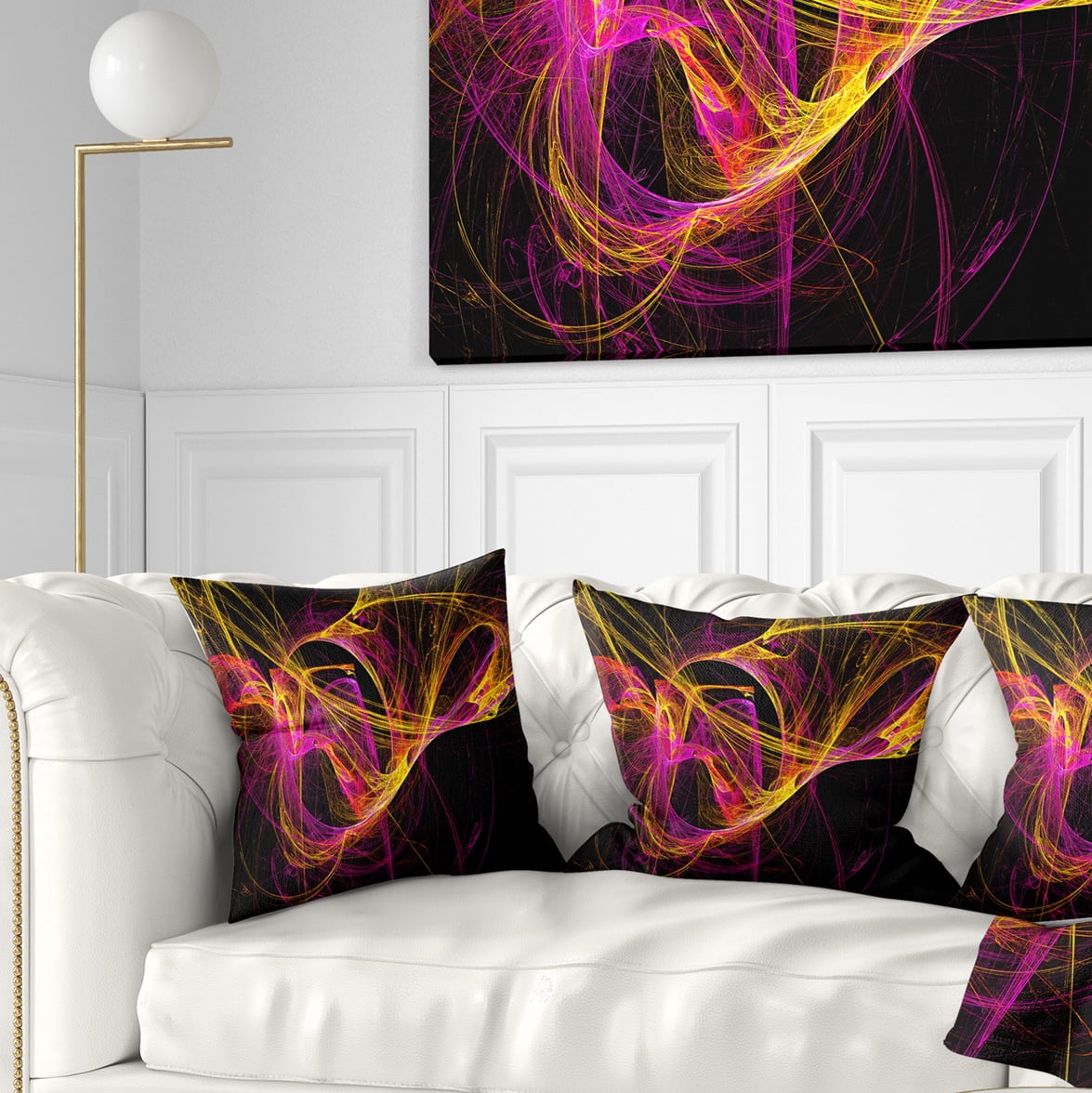Designart Wisps of Smoke Yellow in Black - Abstract Throw Pillow - 16x16