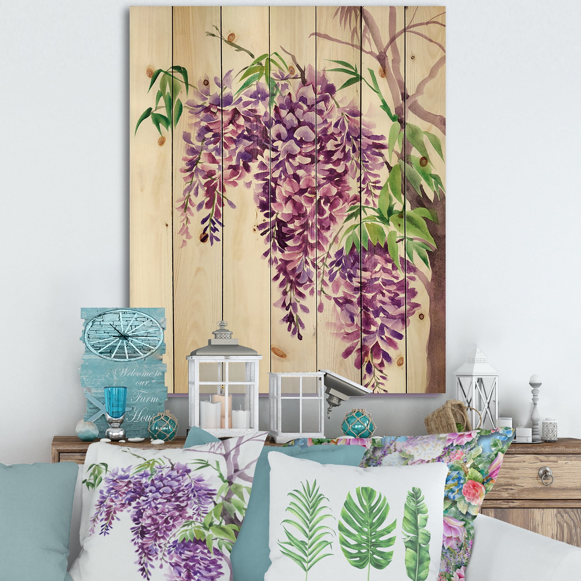 Designart 'Wisteria Purple Branches' Traditional Print on Natural Pine Wood