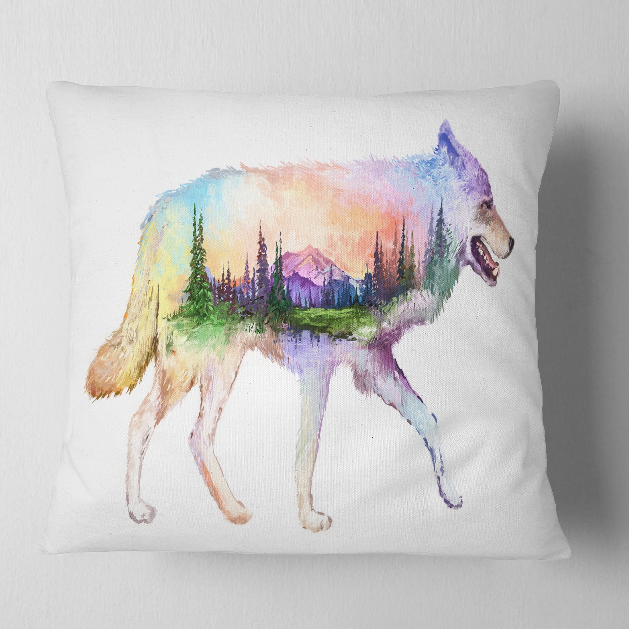 Designart Wolf Double Exposure Illustration - Animal Throw Pillow - 18x18
