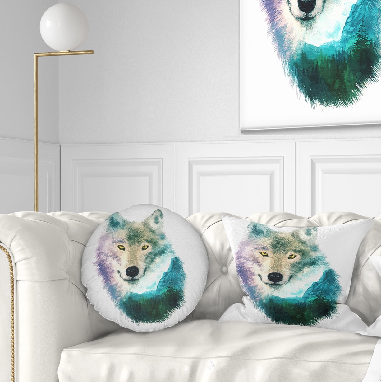 Designart Wolf Head Double Exposure Drawing - Animal Throw Pillow - 12x20