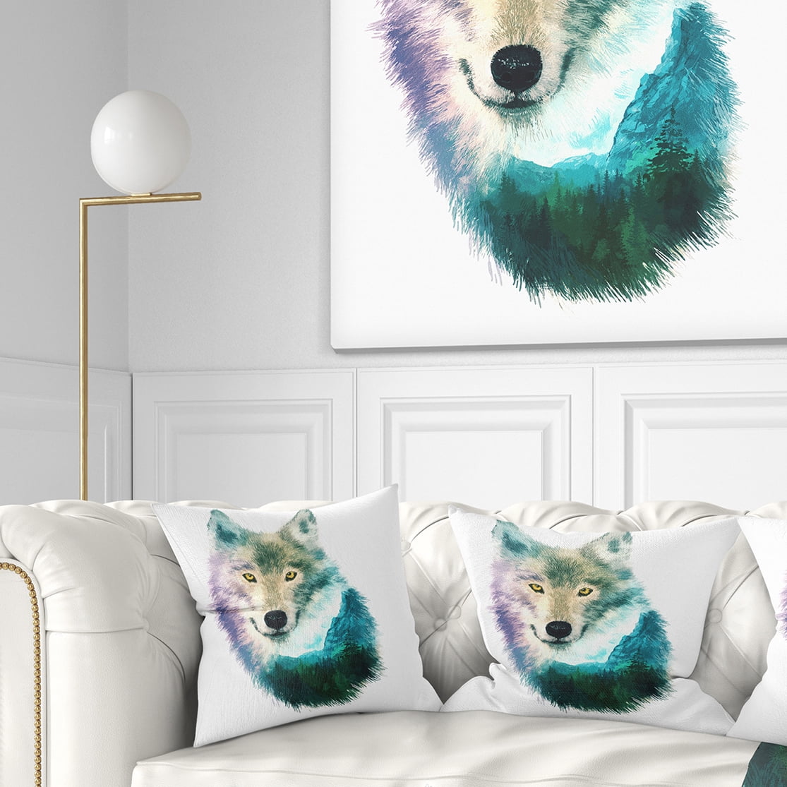 Designart Wolf Head Double Exposure Drawing - Animal Throw Pillow - 18x18