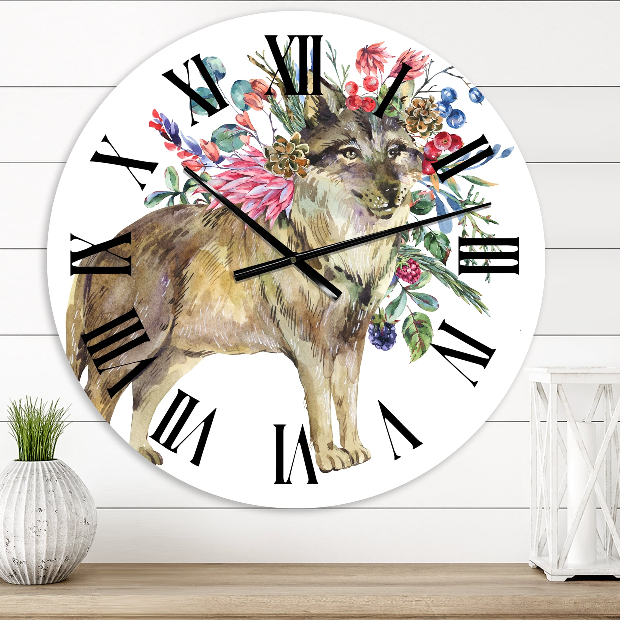 Designart 'Wolf With Woodland Flowers' Farmhouse Wall Clock