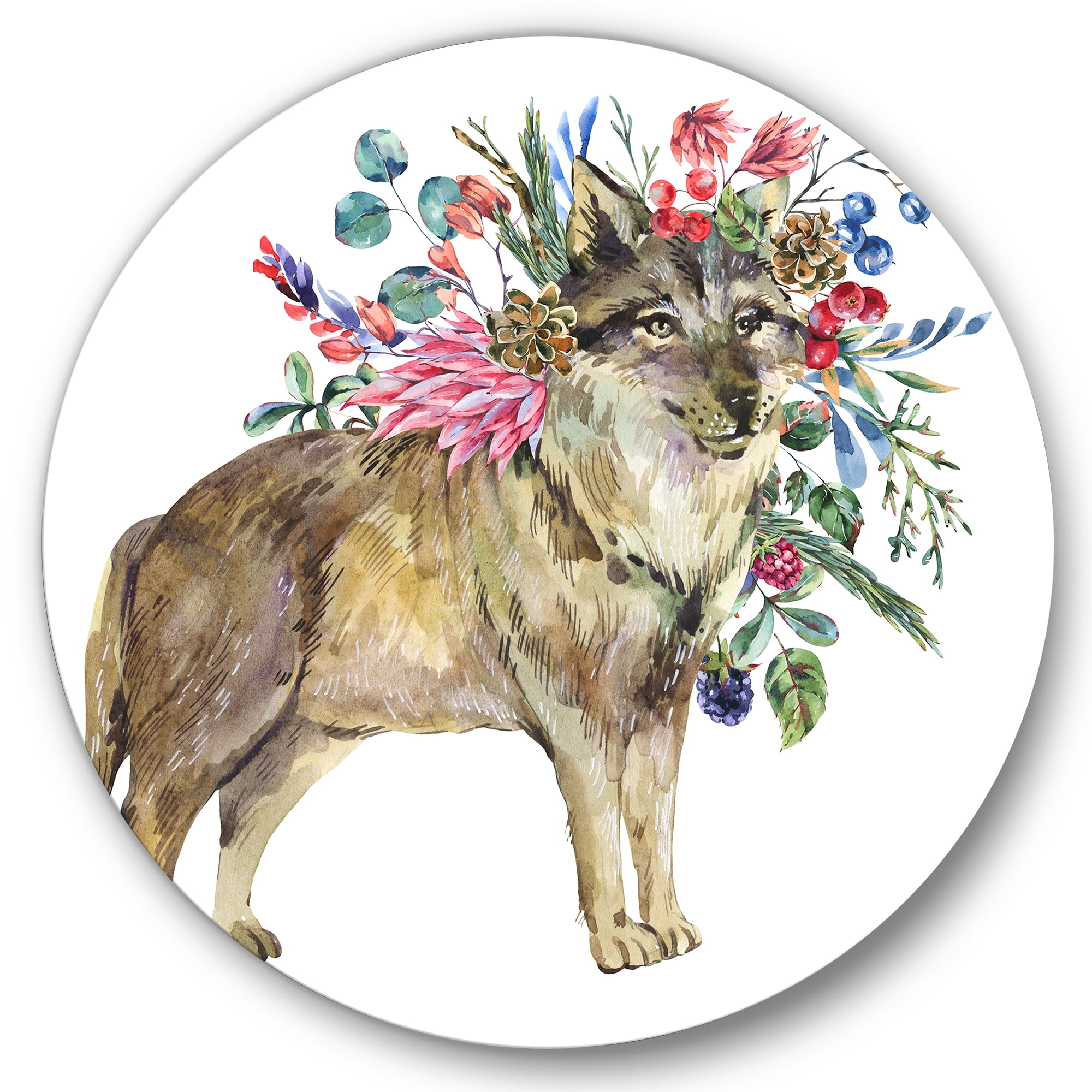 Designart 'Wolf With Woodland Flowers On White' Farmhouse Circle Metal Wall Art 29x29 - Disc of 29