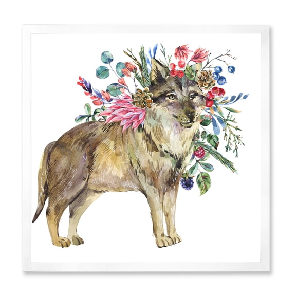 Designart 'Wolf With Woodland Flowers On White' Farmhouse Framed Art Print