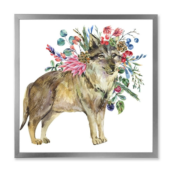 Designart 'Wolf With Woodland Flowers On White' Farmhouse Framed Art Print