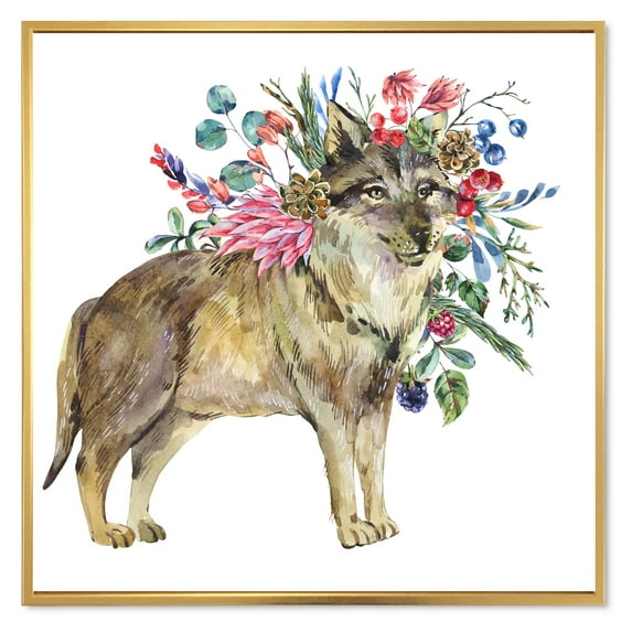 Designart 'Wolf With Woodland Flowers On White' Farmhouse Framed Canvas Wall Art Print