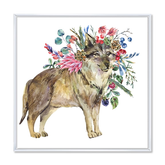 Designart 'Wolf With Woodland Flowers On White' Farmhouse Framed Canvas Wall Art Print