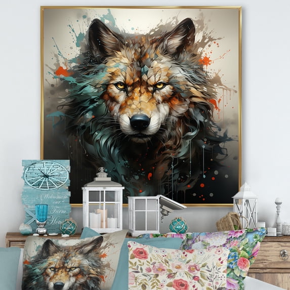 Designart "Wolf in Solitude Portrait I" Animals Framed Wall Art - Traditional Blue Wolf Entryway Framed Wall Art Print