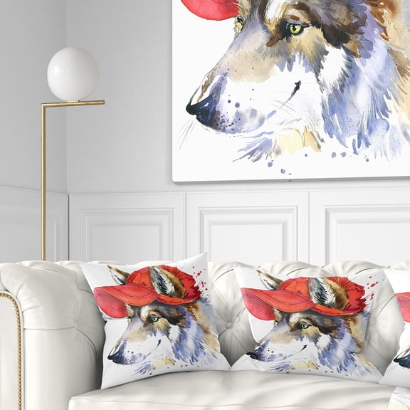 Designart Wolf with Red Cap Illustration - Animal Throw Pillow - 16x16