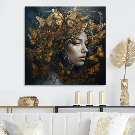 Designart "Woman Adorned with Golden Butterflies II" Woman Butterfly Metal Wall Art