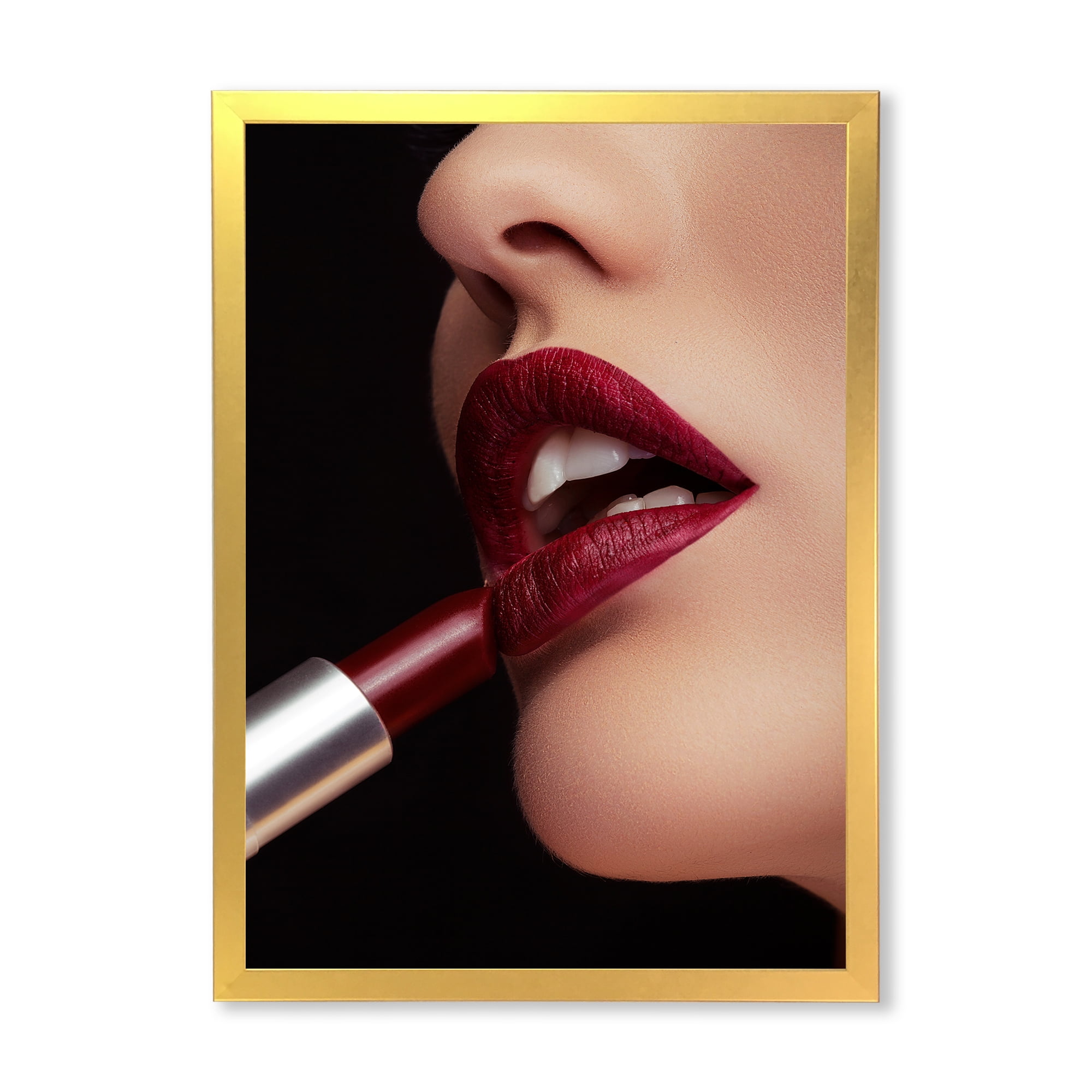 Designart 'Woman Applying Red Lipstick On Lips I' Modern Framed Art Print