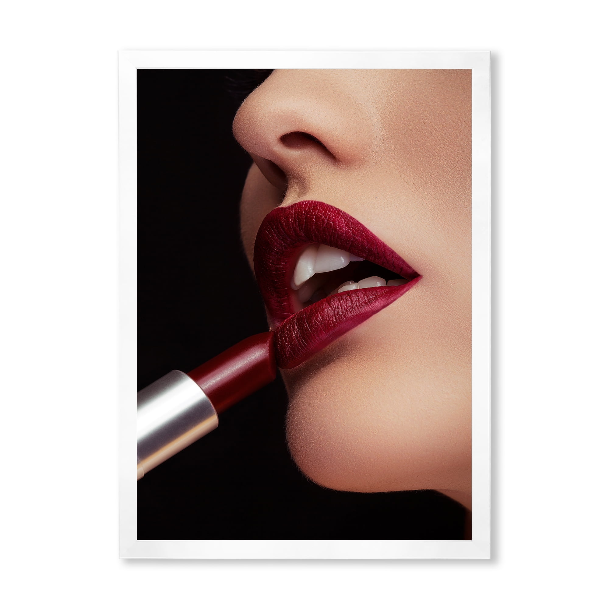 Designart 'Woman Applying Red Lipstick On Lips I' Modern Framed Art Print