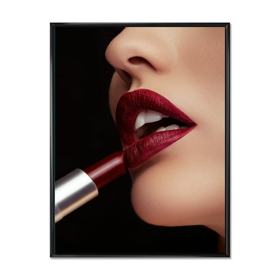 Designart 'Woman Applying Red Lipstick On Lips I' Modern Framed Canvas Wall Art Print