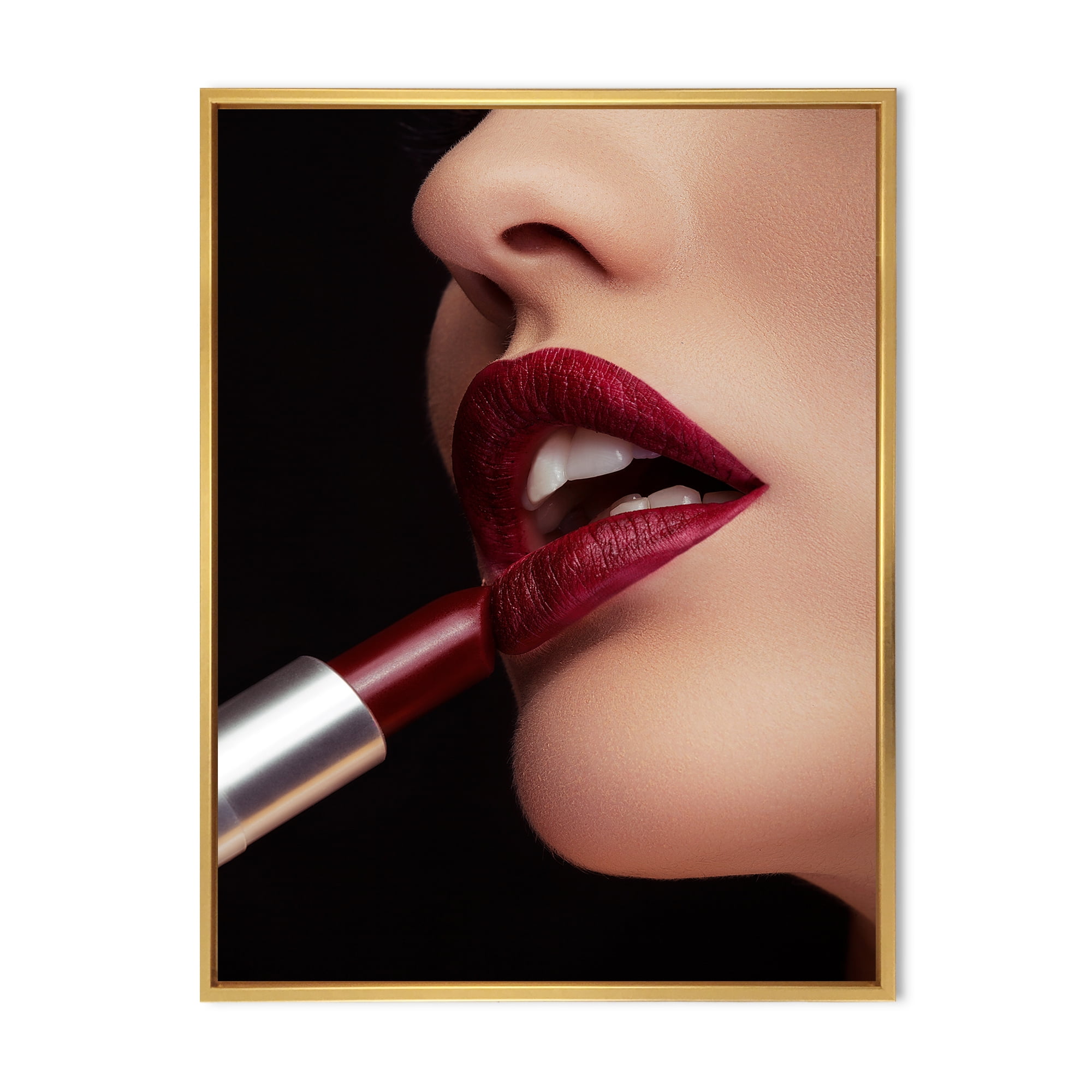 Designart 'Woman Applying Red Lipstick On Lips I' Modern Framed Canvas Wall Art Print