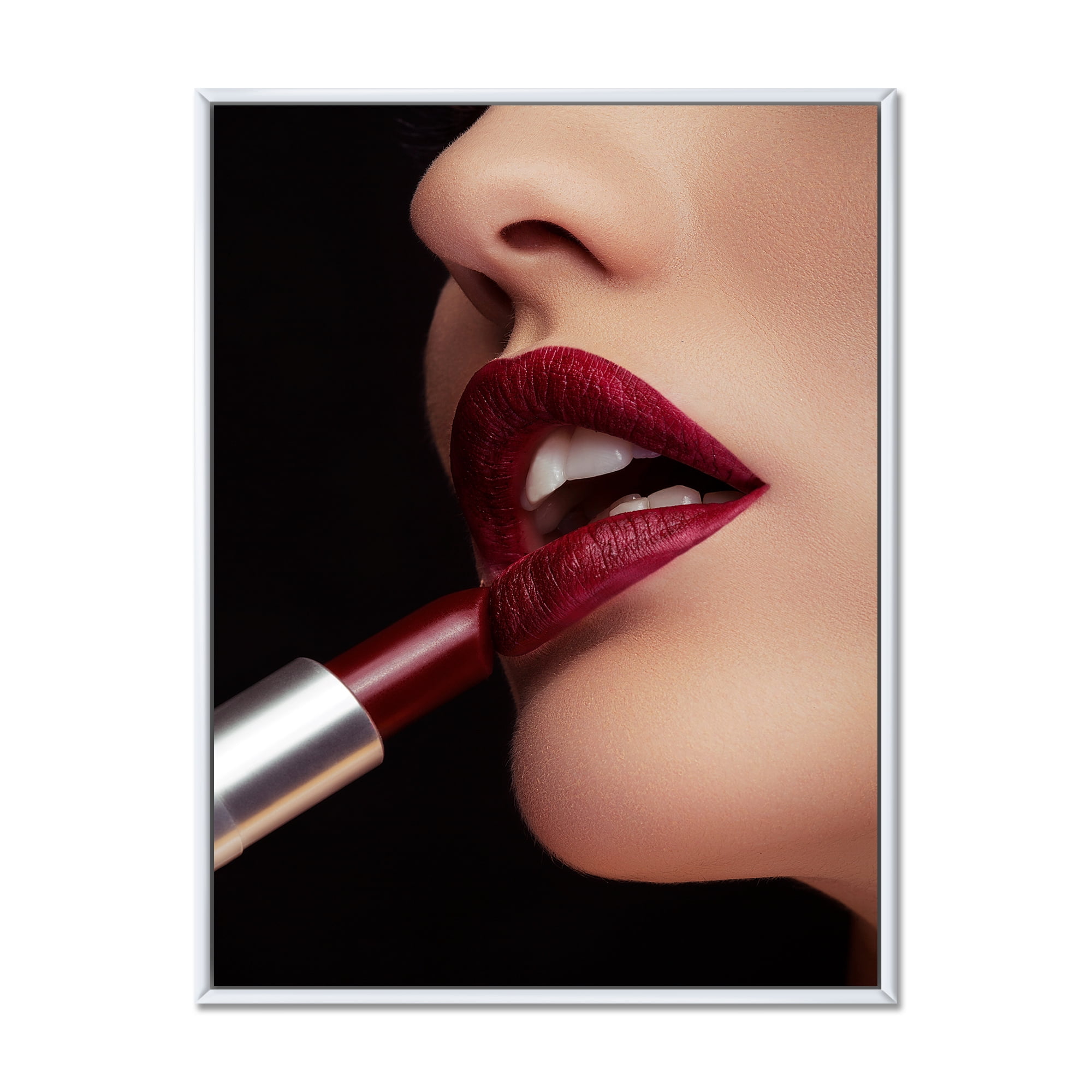 Designart 'Woman Applying Red Lipstick On Lips I' Modern Framed Canvas Wall Art Print