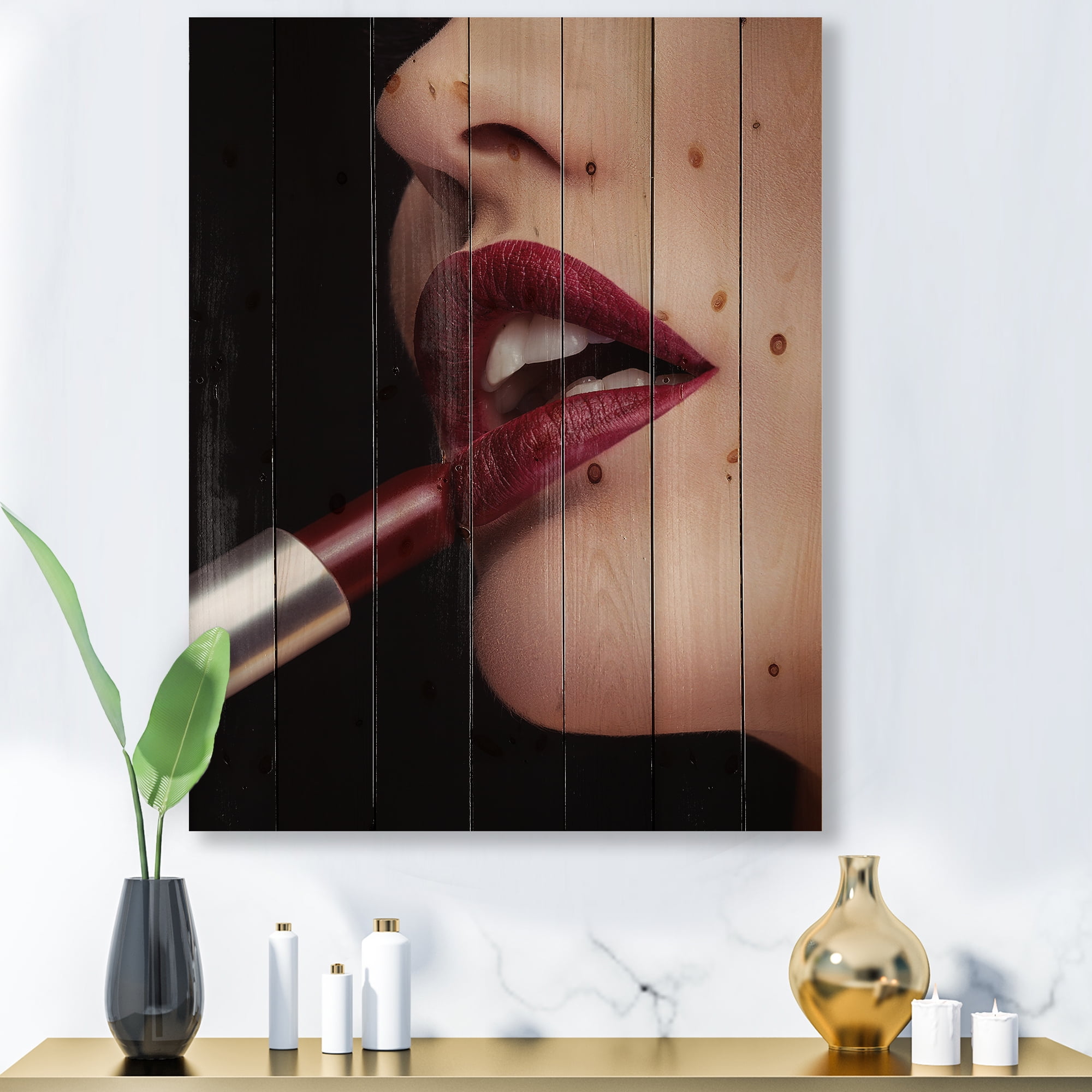 Designart 'Woman Applying Red Lipstick On Lips I' Modern Print on Natural Pine Wood