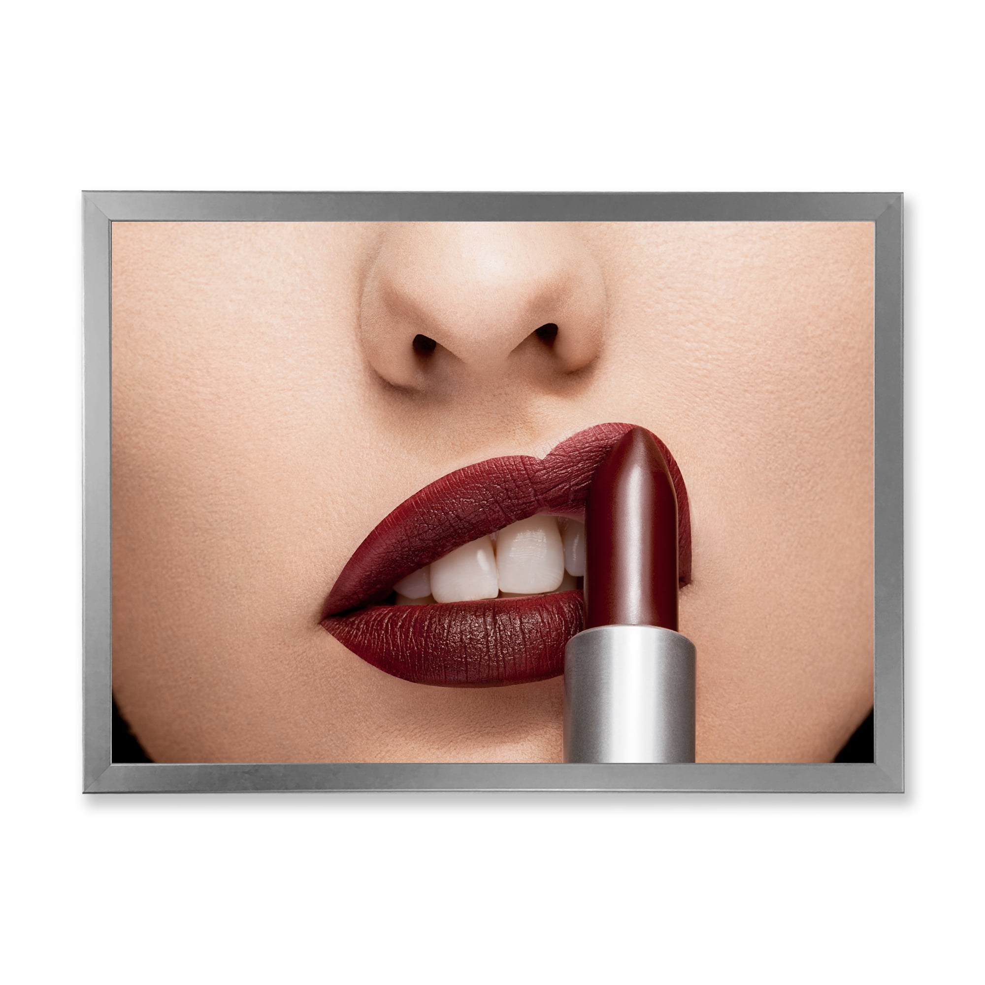 Designart 'Woman Applying Red Lipstick On Lips II' Modern Framed Art Print