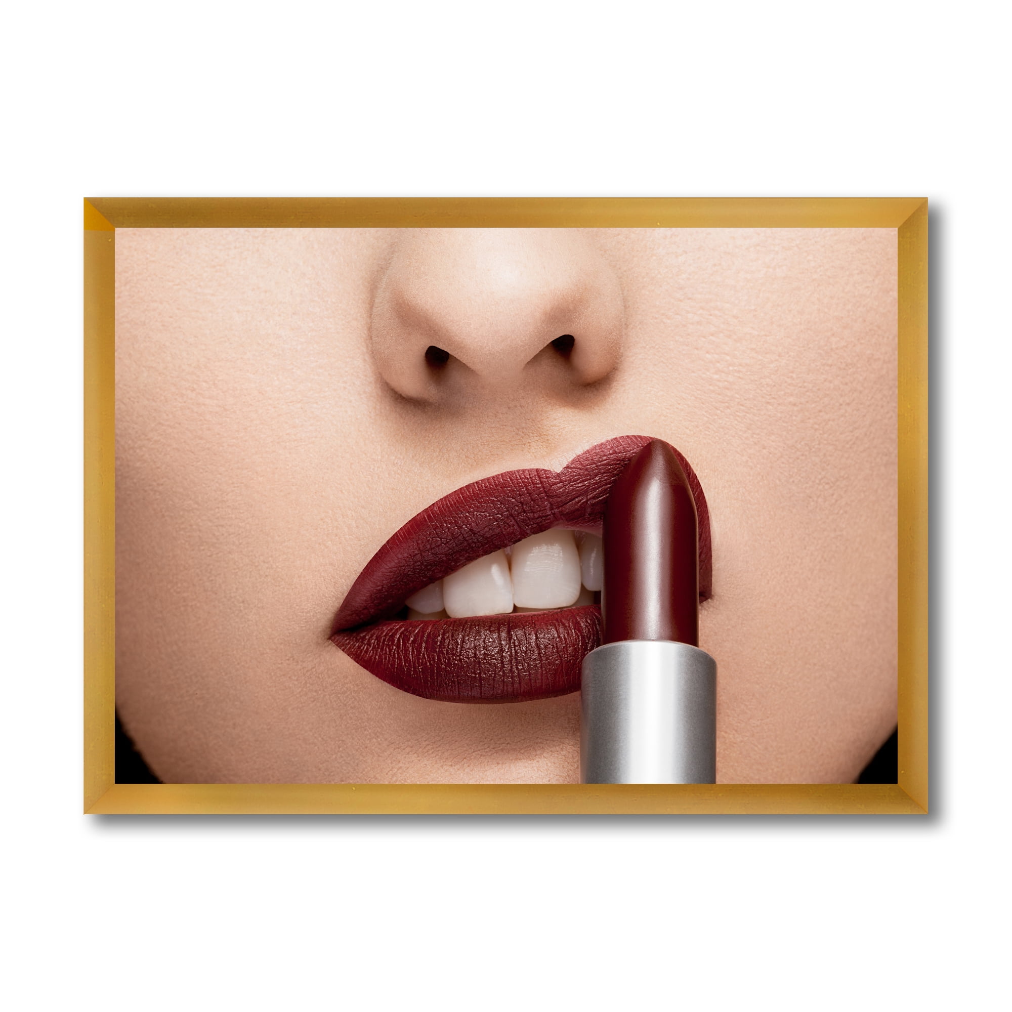 Designart 'Woman Applying Red Lipstick On Lips II' Modern Framed Art Print
