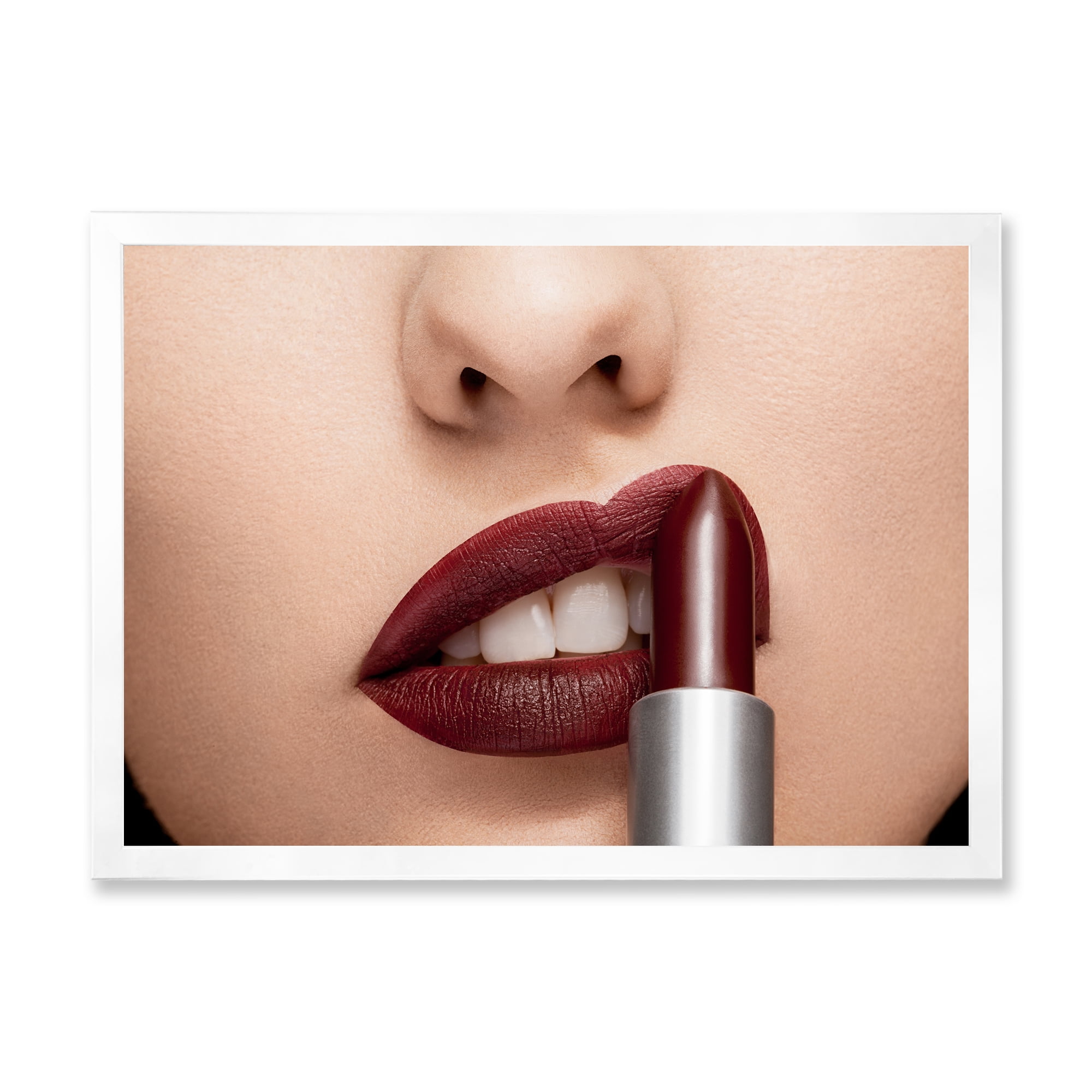 Designart 'Woman Applying Red Lipstick On Lips II' Modern Framed Art Print