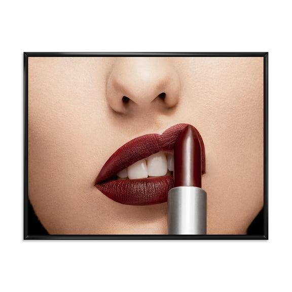 Designart 'Woman Applying Red Lipstick On Lips II' Modern Framed Canvas Wall Art Print
