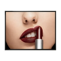 Designart 'Woman Applying Red Lipstick On Lips II' Modern Framed Canvas Wall Art Print