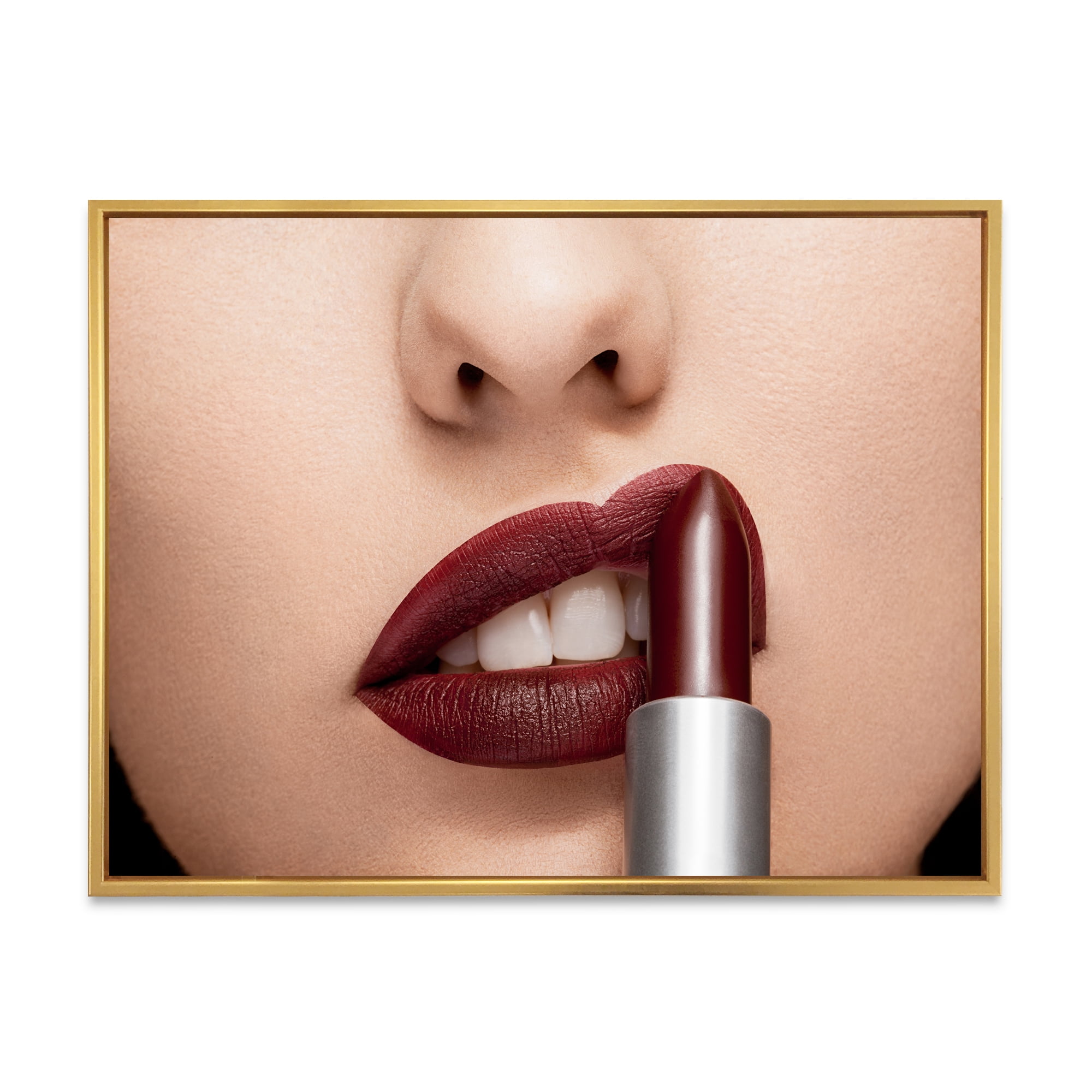 Designart 'Woman Applying Red Lipstick On Lips II' Modern Framed Canvas Wall Art Print