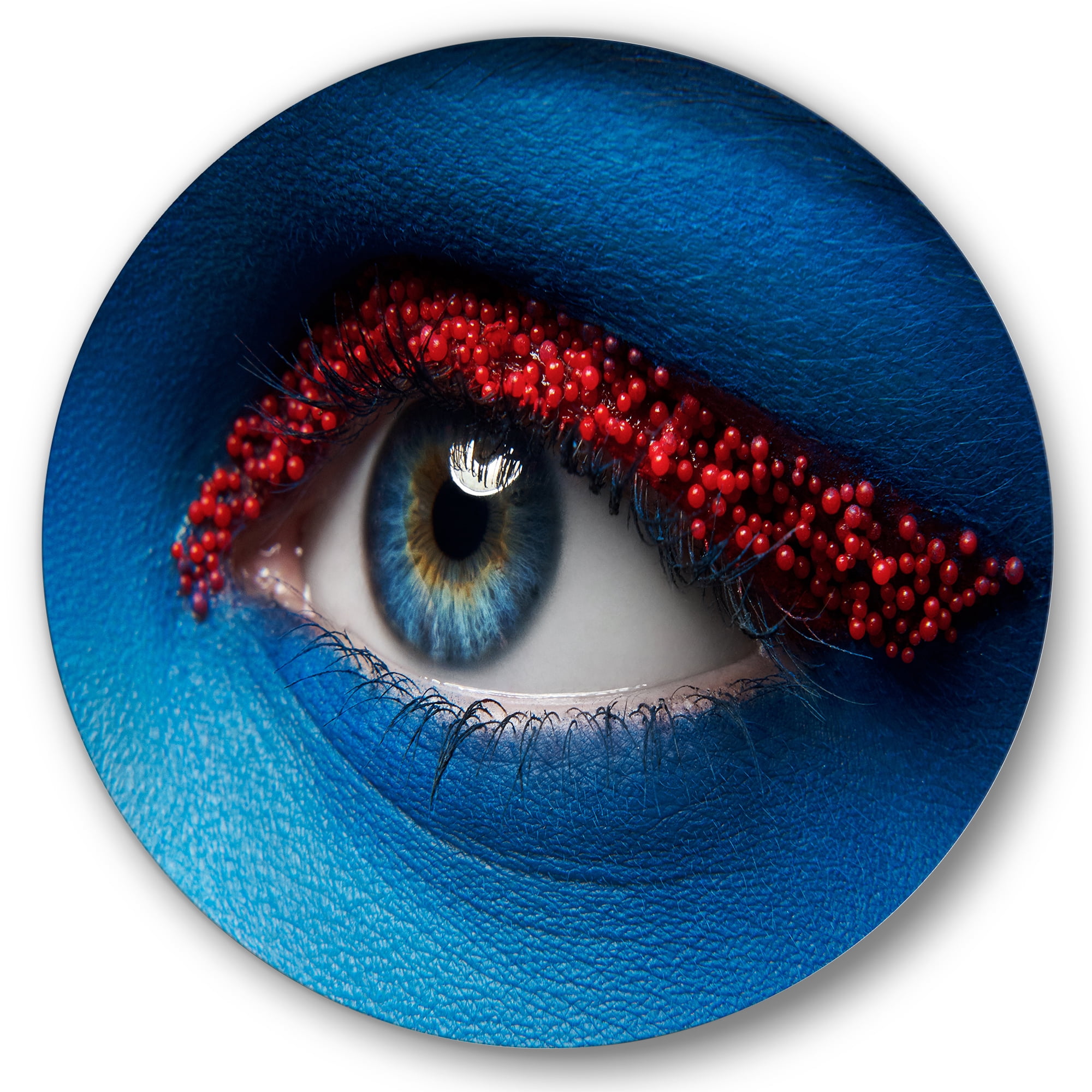 Designart 'Woman Eye With Blue Paint On Face & Red Balls' Modern Circle Metal Wall Art 29x29 - Disc of 29
