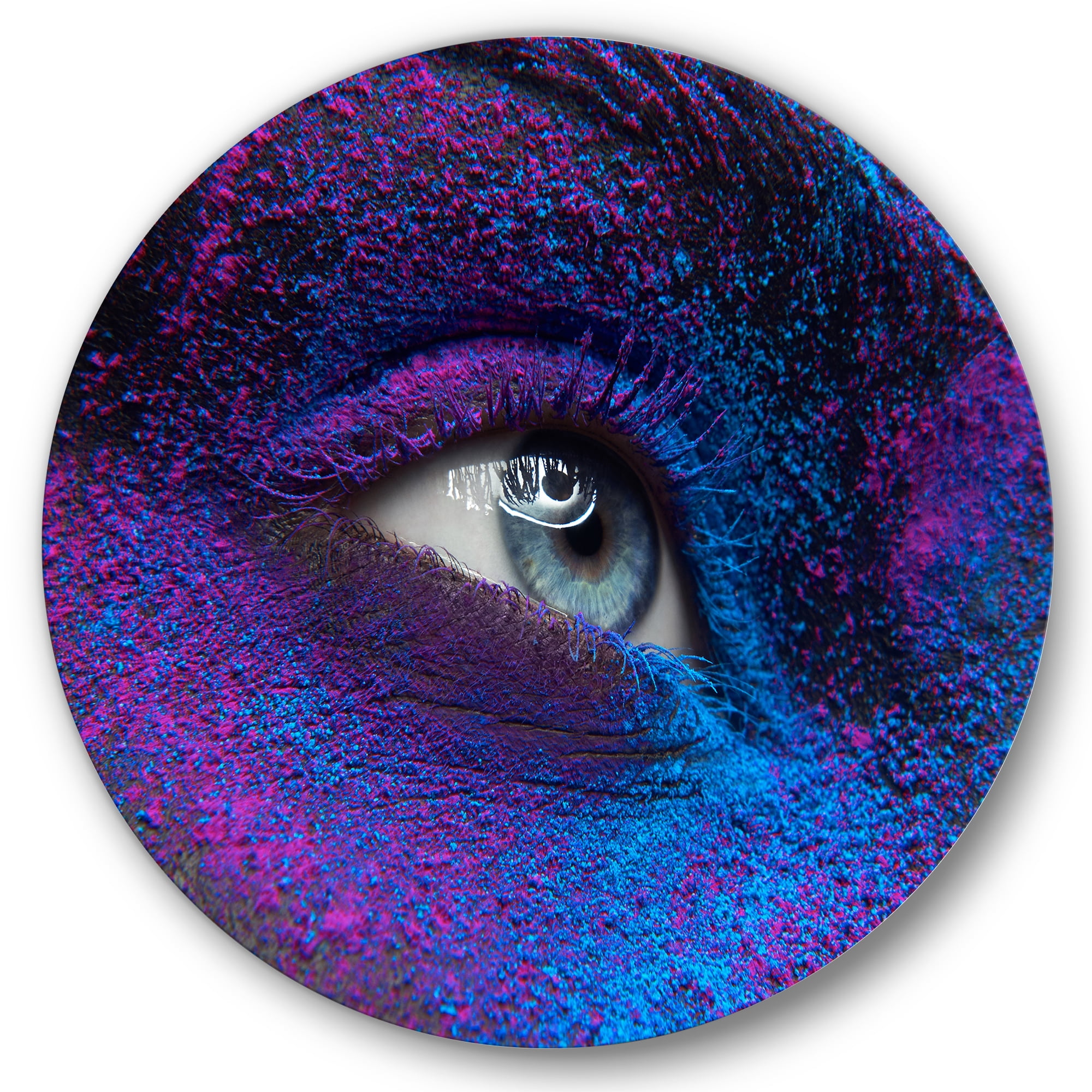 Designart 'Woman Eye With Dry Paint Dust Pigment On Face' Modern Circle Metal Wall Art 29x29 - Disc of 29