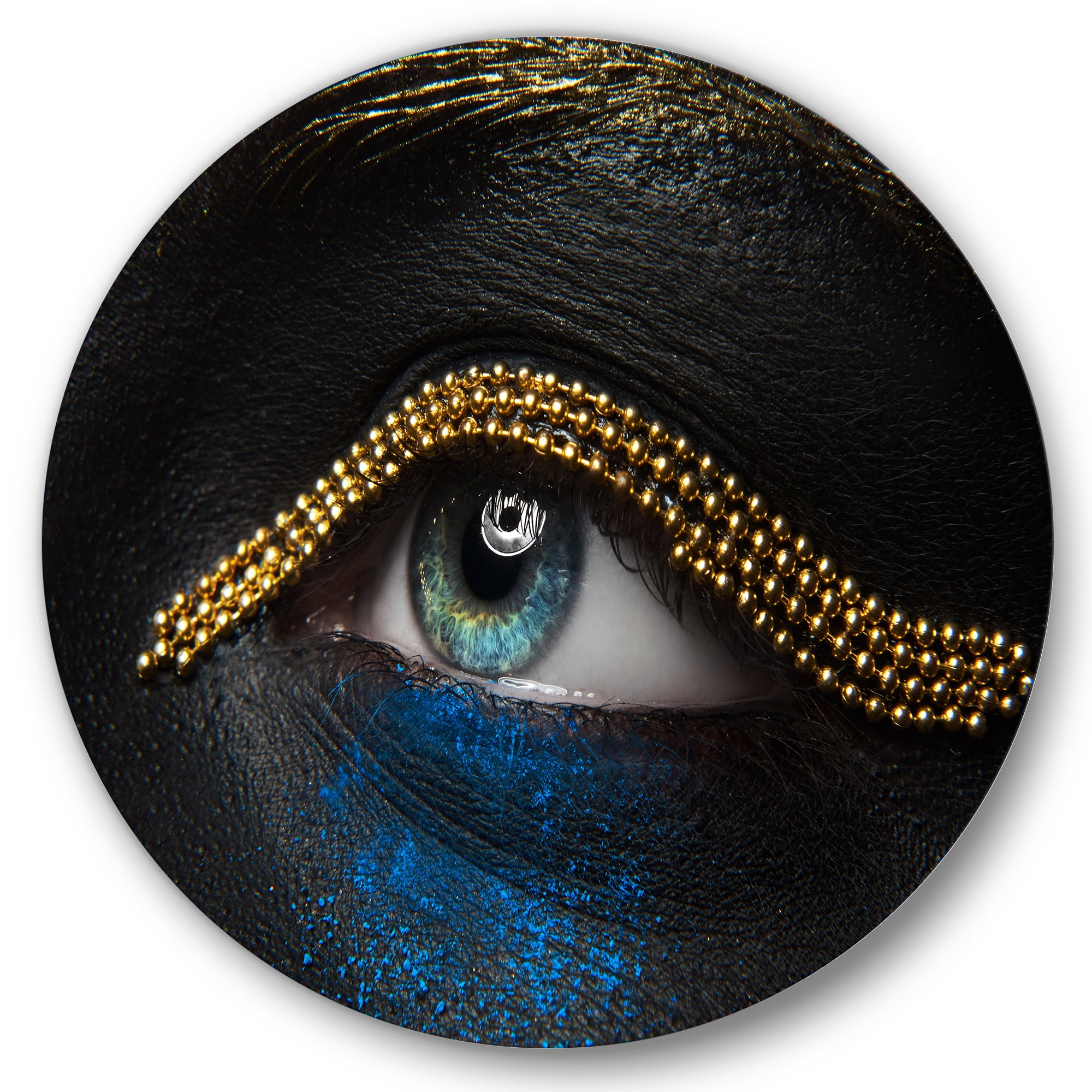Designart 'Woman Eyes With Black Skin With A Gold Chain' Modern Circle Metal Wall Art 36x36 - Disc of 36