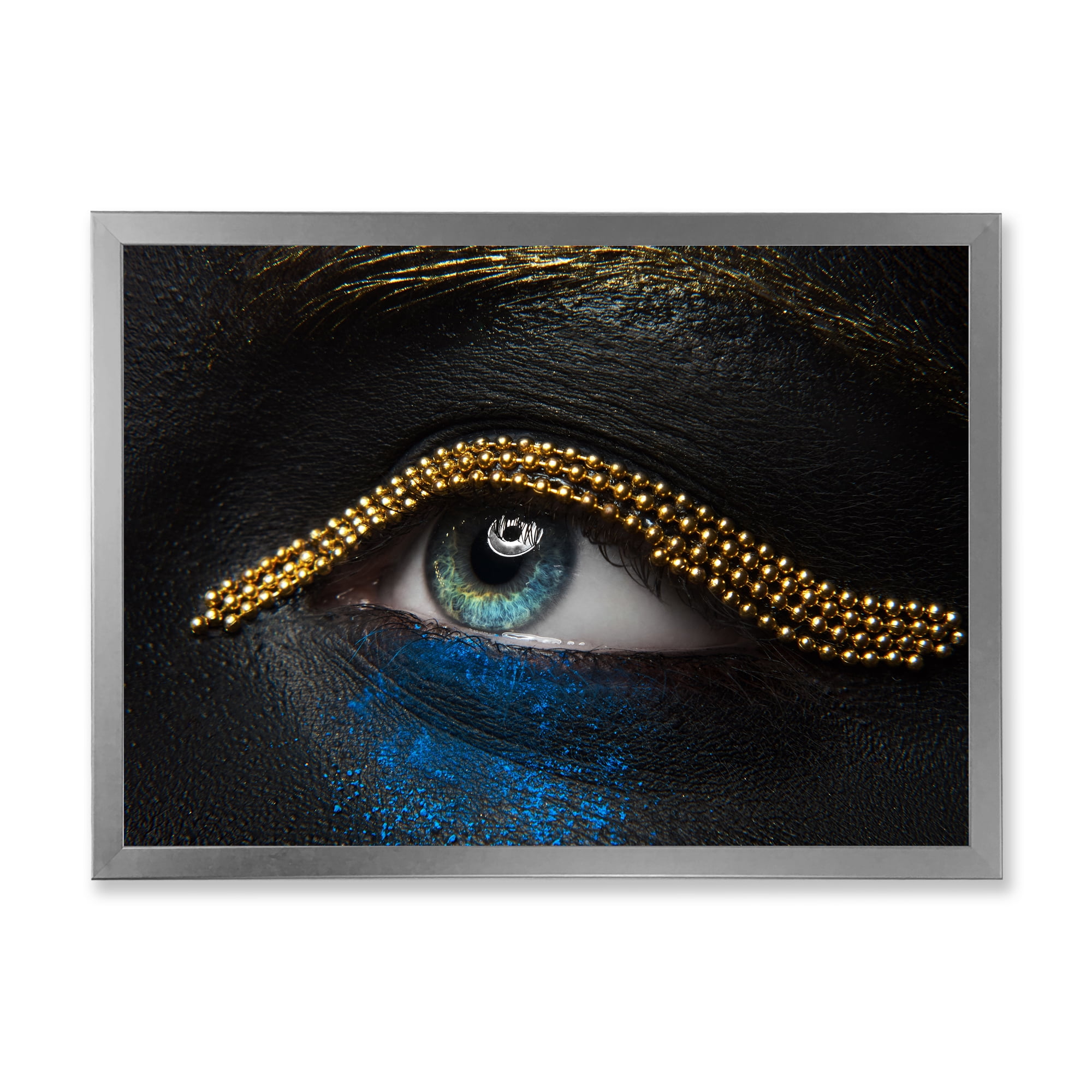 Designart 'Woman Eyes With Black Skin With A Gold Chain' Modern Framed Art Print