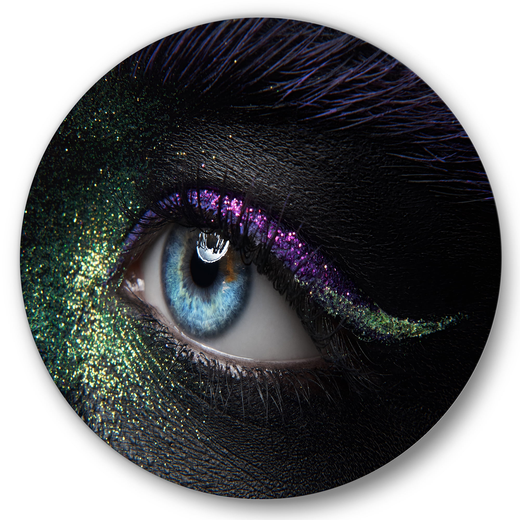 Designart 'Woman Eyes With Green & Purple Pigment & Sparkles' Modern Circle Metal Wall Art 23x23 - Disc of 23