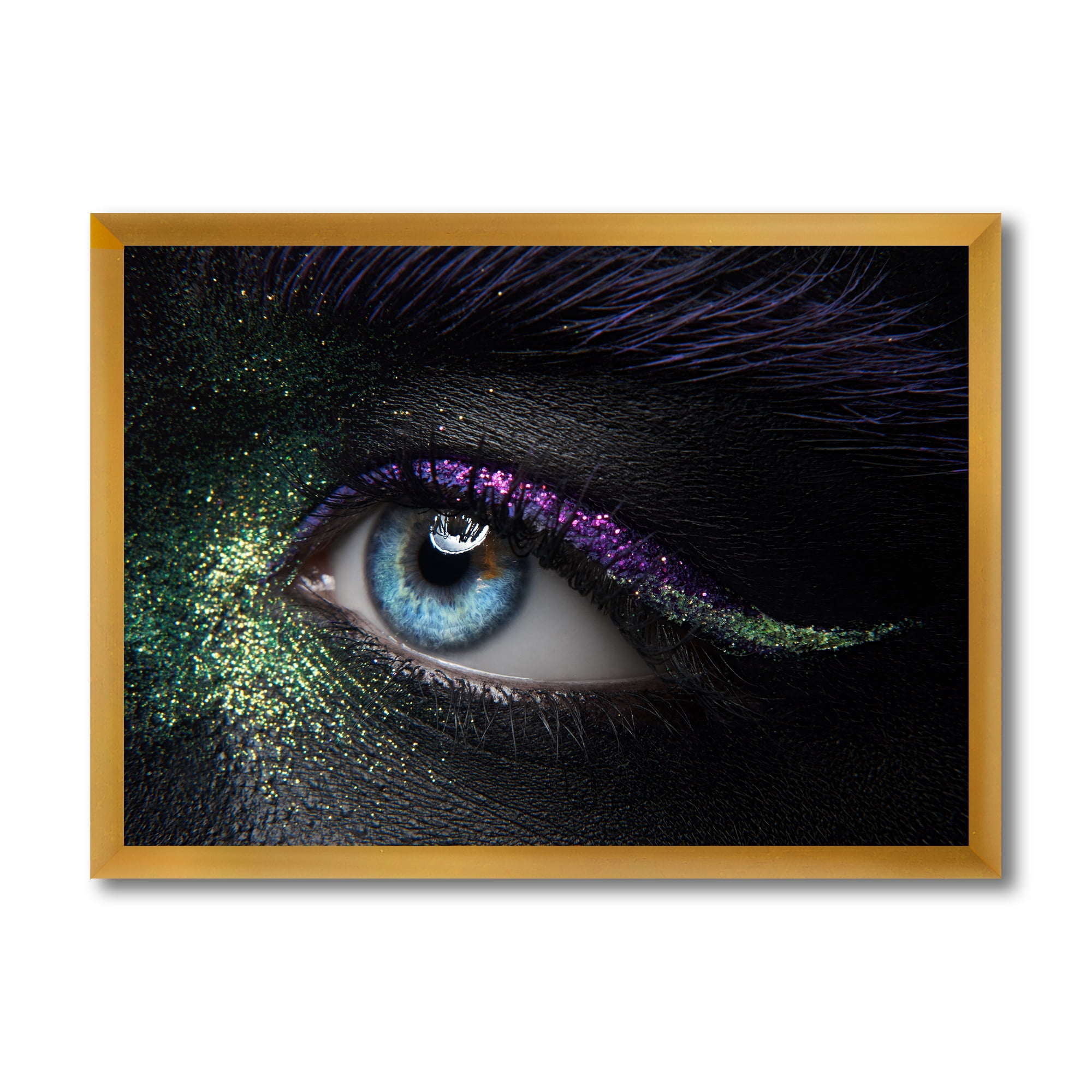 Designart 'Woman Eyes With Green & Purple Pigment & Sparkles' Modern Framed Art Print