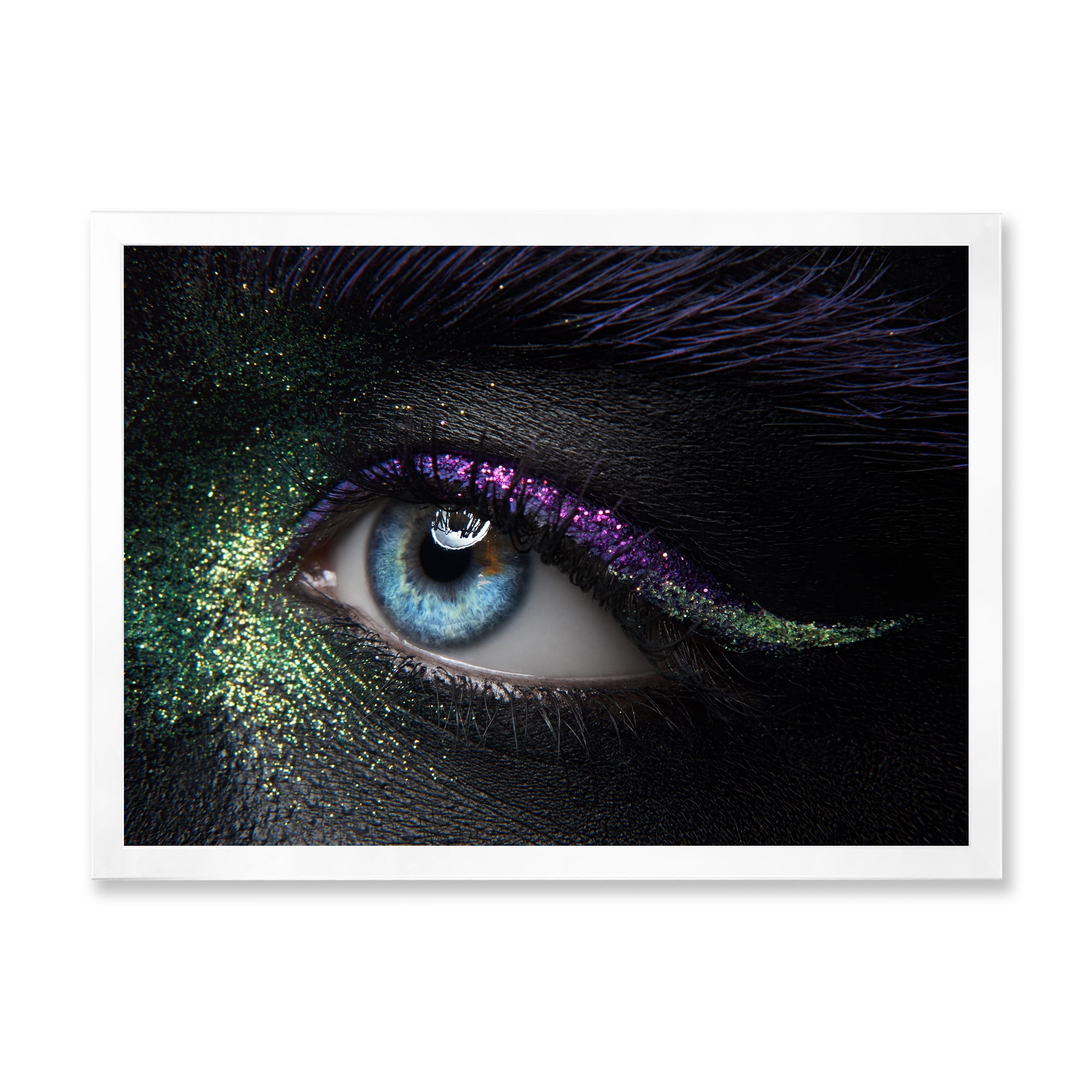 Designart 'Woman Eyes With Green & Purple Pigment & Sparkles' Modern Framed Art Print