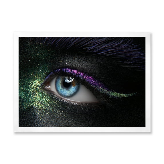 Designart 'Woman Eyes With Green & Purple Pigment & Sparkles' Modern Framed Art Print