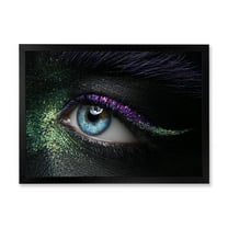 Designart 'Woman Eyes With Green & Purple Pigment & Sparkles' Modern Framed Art Print