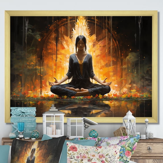 Designart "Woman Finding Inner Peace Through Meditation" Spiritual Framed Wall Art Decor - Global Yellow Meditation Entryway Framed Wall Art Print