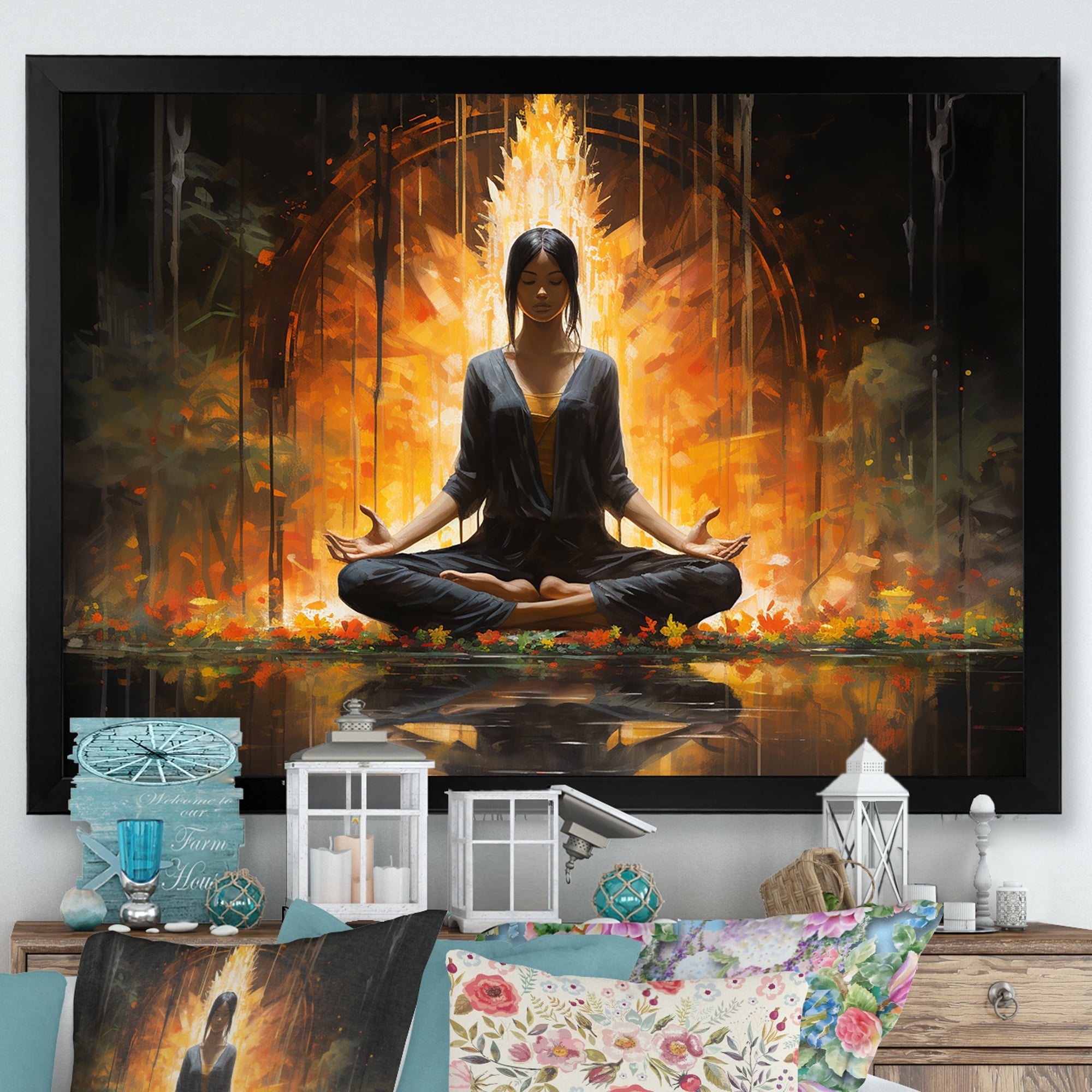Large Black Framed Canvas Print of Meditation Woman in Fiery Scene