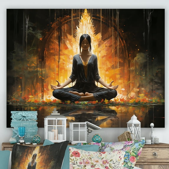 Designart "Woman Finding Inner Peace Through Meditation" Spiritual Wall Art - Global Yellow Meditation Bedroom Canvas Wall Art