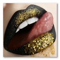 Designart ' Woman Lips Black Lipstick and Gold Sequins ' Modern Canvas Wall Art Print
