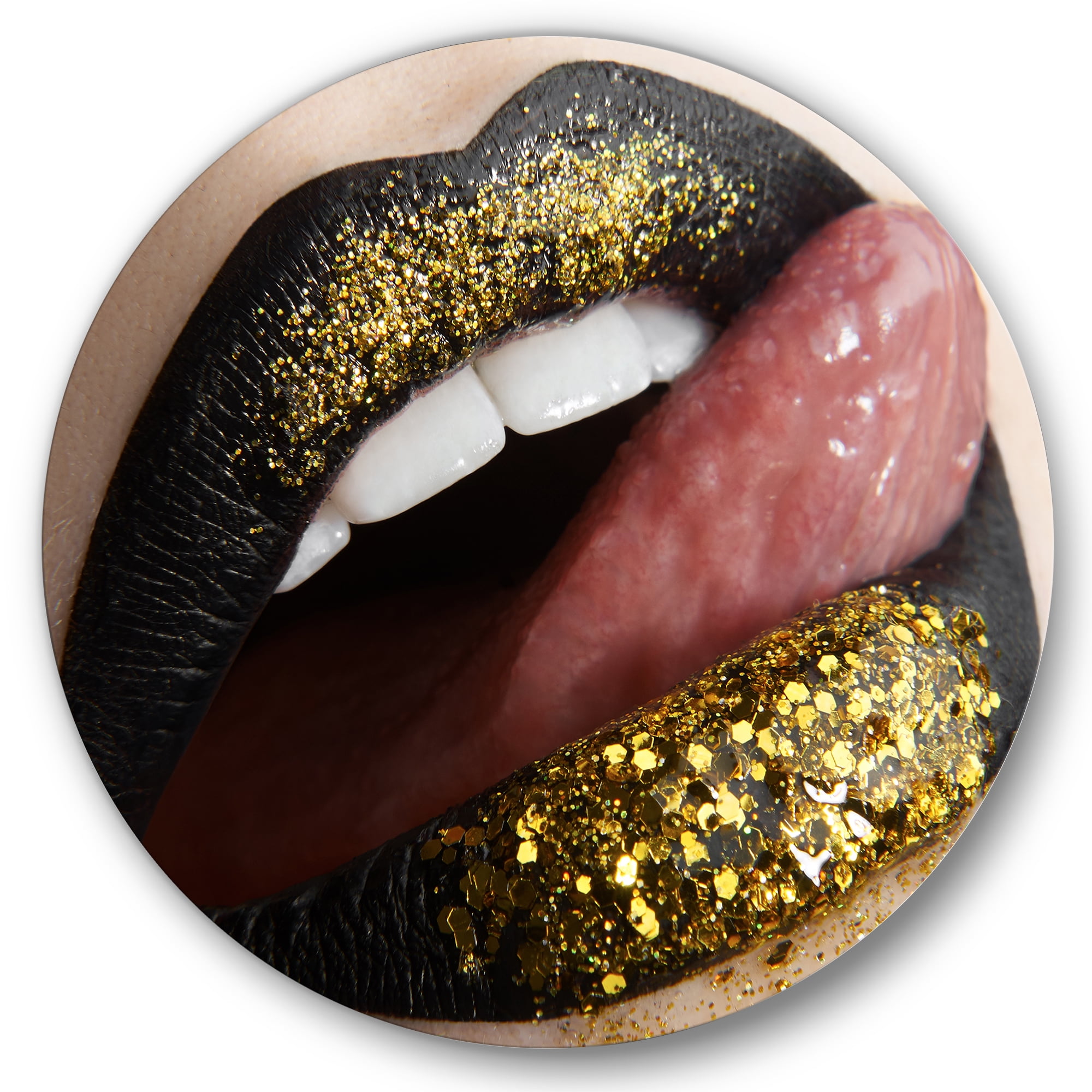 Designart 'Woman Lips Black Lipstick and Gold Sequins' Modern Circle Metal Wall Art 29x29 - Disc of 29