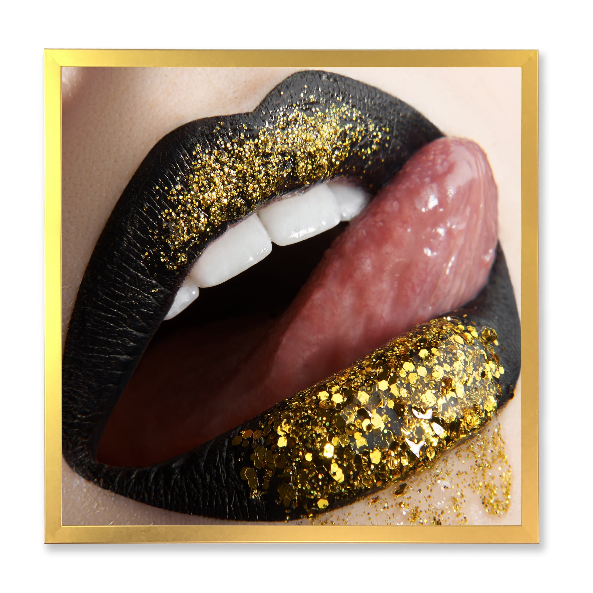 Designart 'Woman Lips Black Lipstick and Gold Sequins' Modern Framed Art Print
