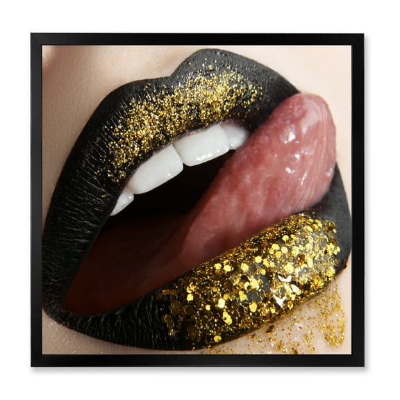 Designart 'Woman Lips Black Lipstick and Gold Sequins' Modern Framed Art Print